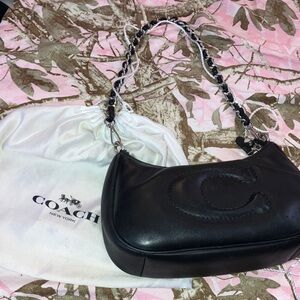 Coach small  Tabby Black Leather Shoulder Bag with Chain-Trim Strap